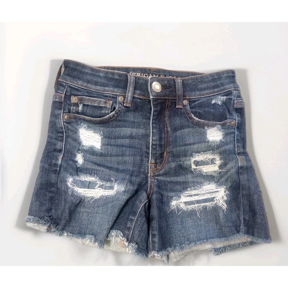 American Eagle Shorts Womens Size 2 Hi Rise Shortie Stretch Jean Shorts Blue‎